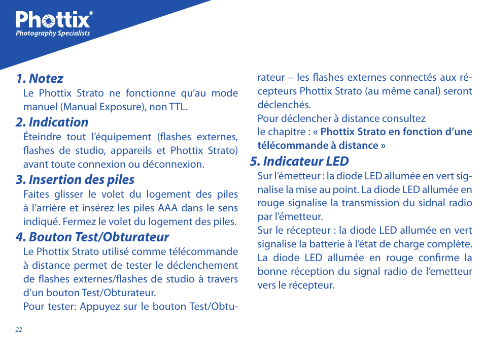 Indication, Insertion des piles, Bouton test/obturateur | Indicateur led | Phottix Strato User Manual | Page 22 / 80