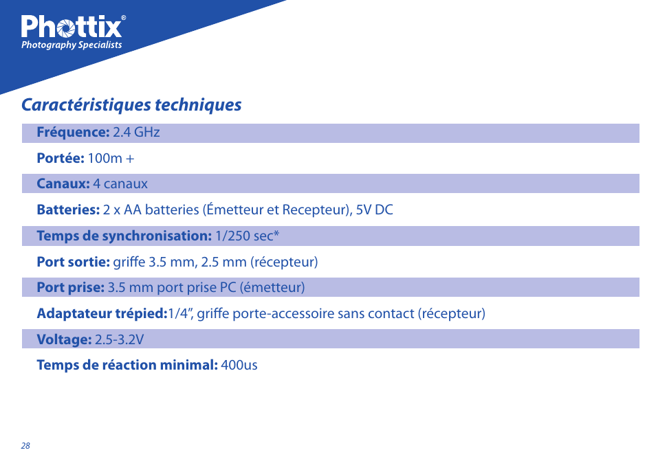 Caractéristiques techniques | Phottix Strato User Manual | Page 28 / 80