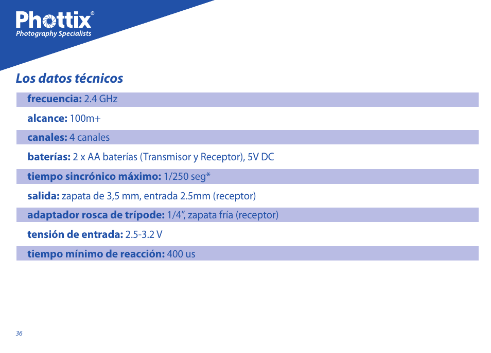 Los datos técnicos | Phottix Strato User Manual | Page 36 / 80