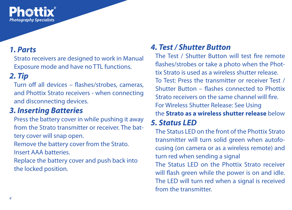 Parts, Inserting batteries, Test / shutter button | Status led | Phottix Strato User Manual | Page 4 / 80