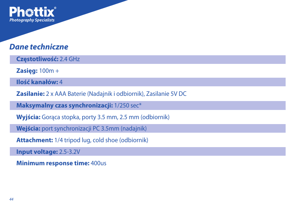 Dane techniczne | Phottix Strato User Manual | Page 44 / 80