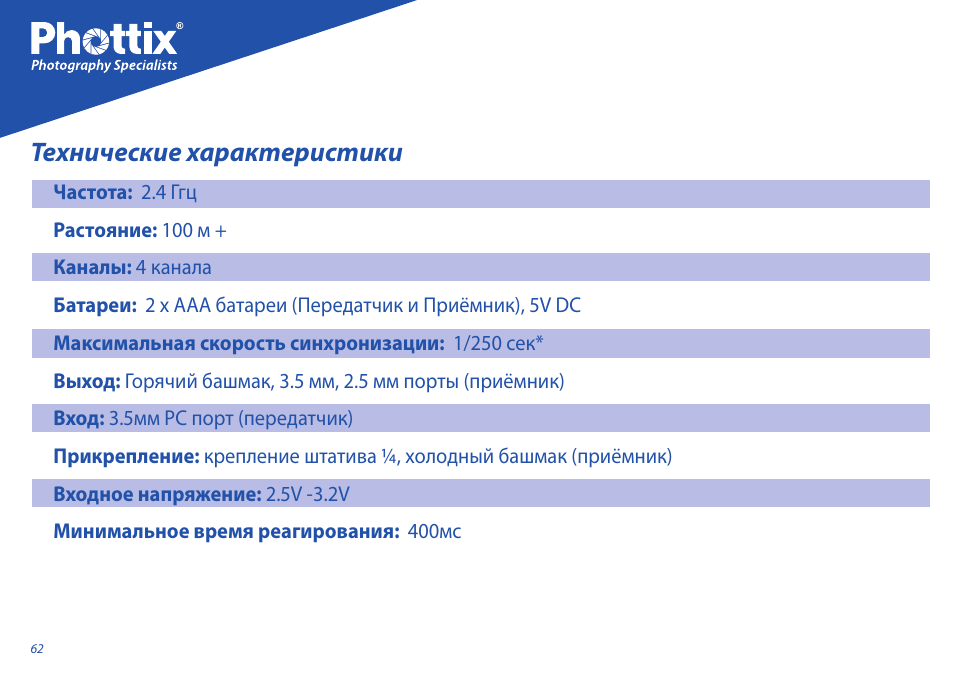 Технические характеристики | Phottix Strato User Manual | Page 62 / 80