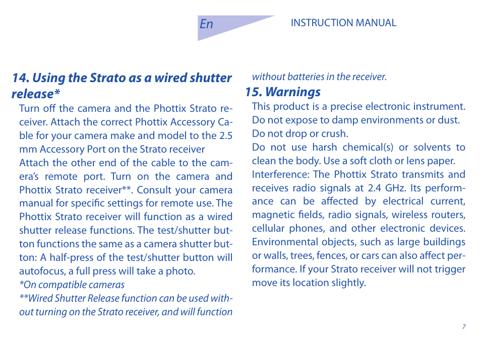 Using the strato as a wired shutter release, Warnings | Phottix Strato User Manual | Page 7 / 80
