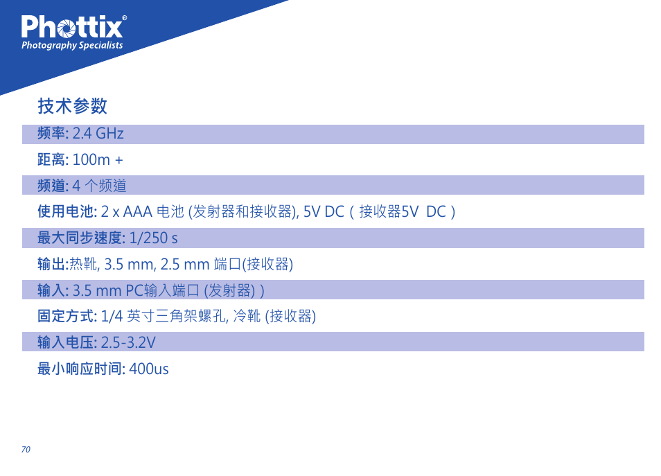 技术参数 | Phottix Strato User Manual | Page 70 / 80