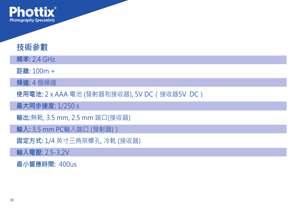 技術參數 | Phottix Strato User Manual | Page 78 / 80