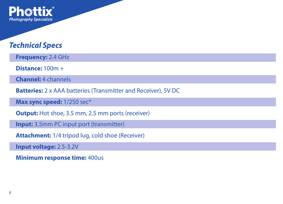 Technical specs | Phottix Strato User Manual | Page 8 / 80