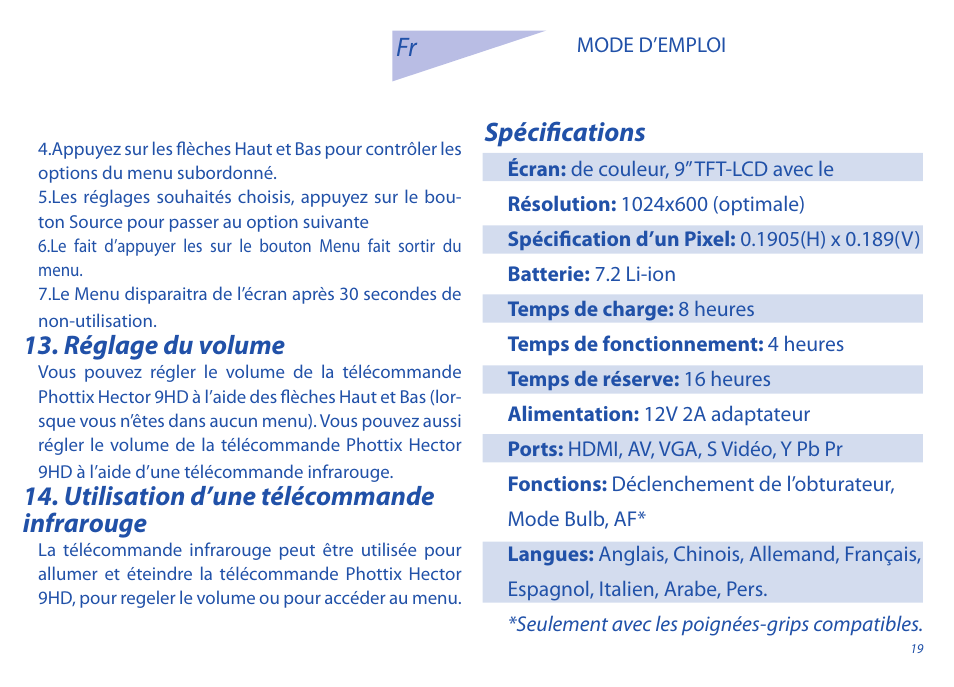 Réglage du volume, Utilisation d’une télécommande infrarouge, Spécifications | Phottix Hector 9HD User Manual | Page 19 / 58