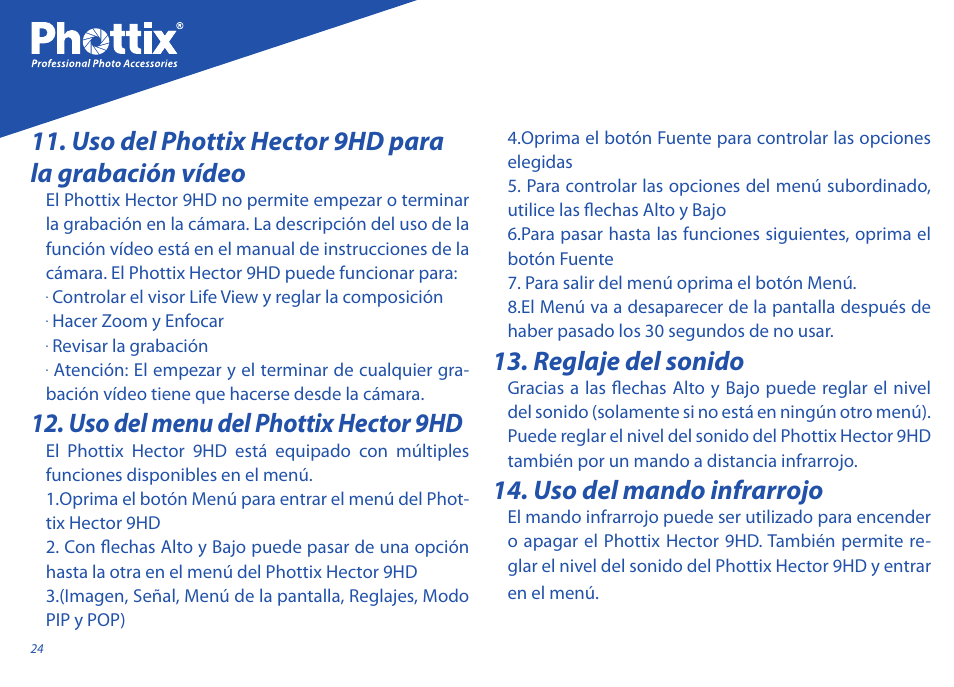 Uso del phottix hector 9hd para la grabación vídeo, Uso del menu del phottix hector 9hd, Reglaje del sonido | Uso del mando infrarrojo | Phottix Hector 9HD User Manual | Page 24 / 58