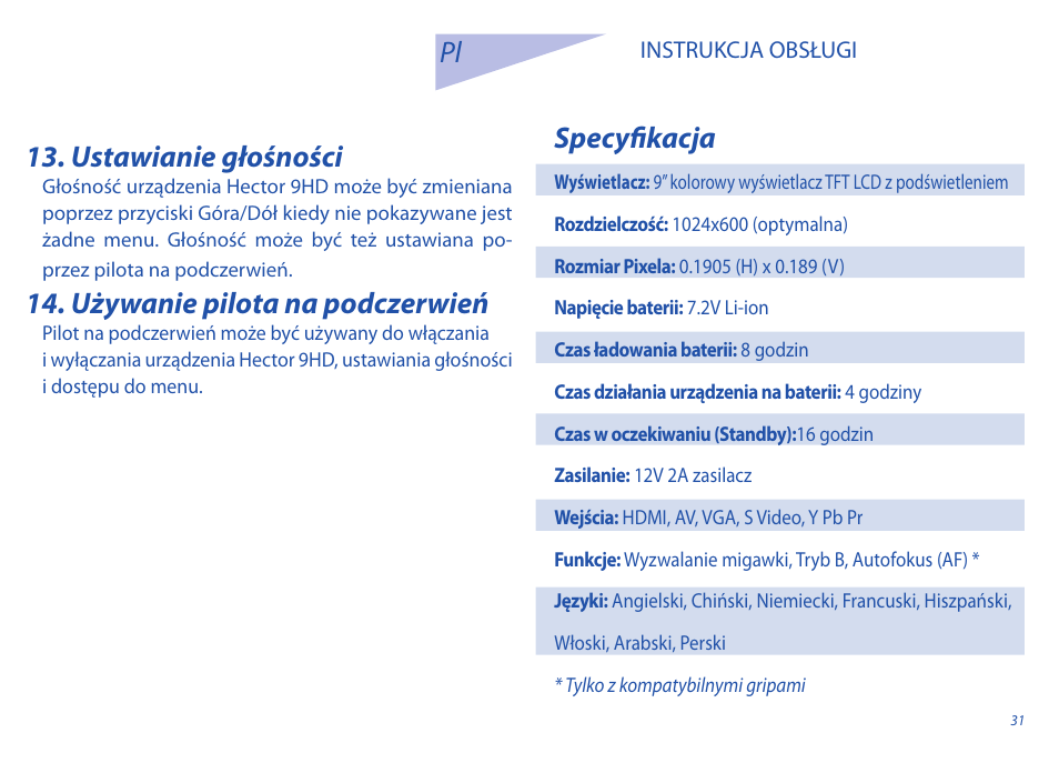 Ustawianie głośności, Używanie pilota na podczerwień, Specyfikacja | Phottix Hector 9HD User Manual | Page 31 / 58