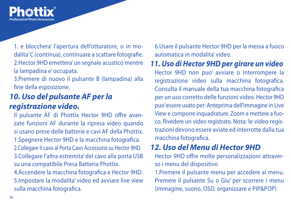 Uso del pulsante af per la registrazione video, Uso di hector 9hd per girare un video, Uso del menu di hector 9hd | Phottix Hector 9HD User Manual | Page 36 / 58
