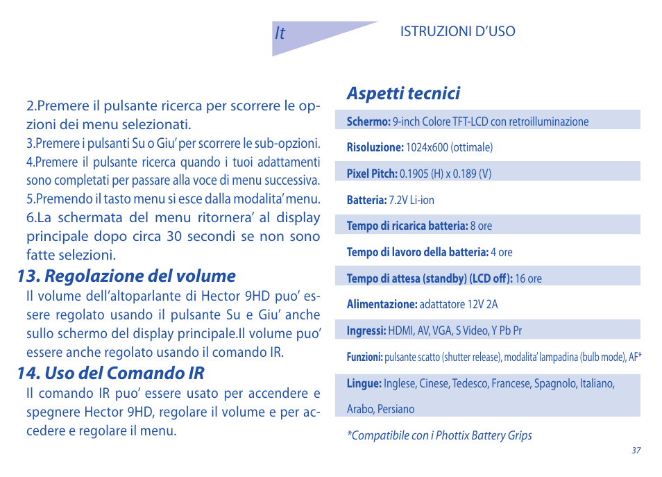 Regolazione del volume, Uso del comando ir, Aspetti tecnici | Phottix Hector 9HD User Manual | Page 37 / 58