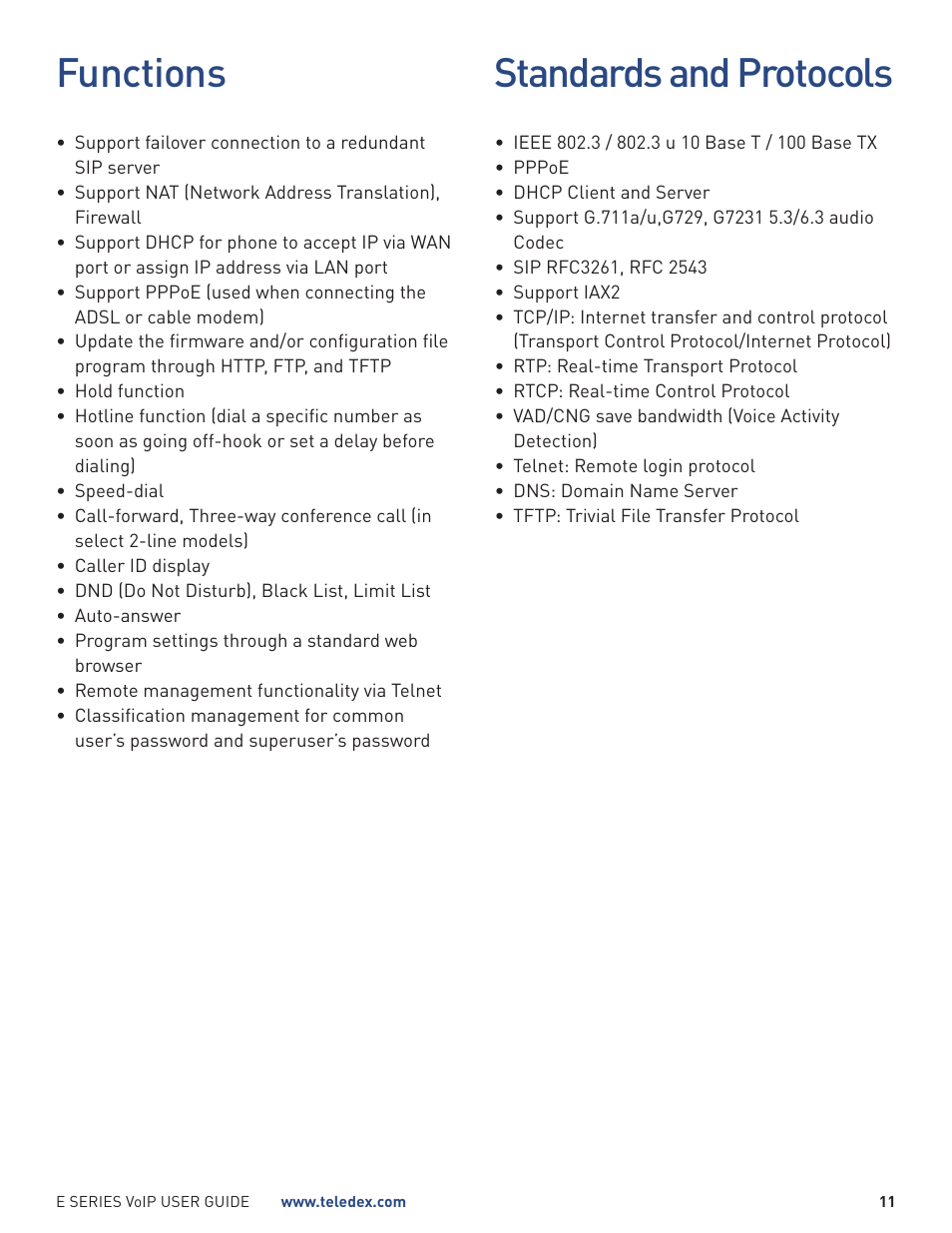 Functions, Standards and protocols | Teledex E Series User Manual | Page 11 / 32