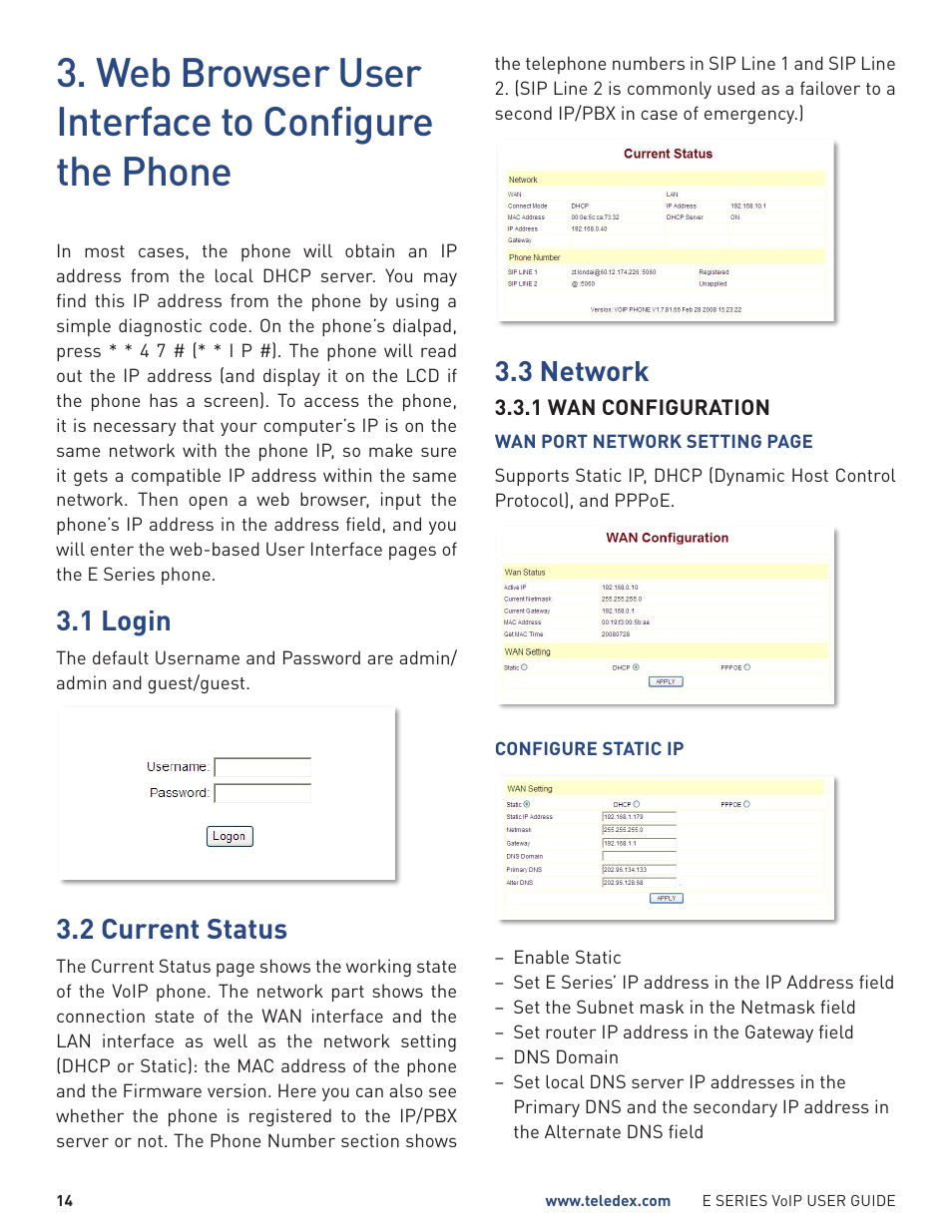 Web browser user interface to configure the phone, 1 login, 2 current status | 3 network | Teledex E Series User Manual | Page 14 / 32