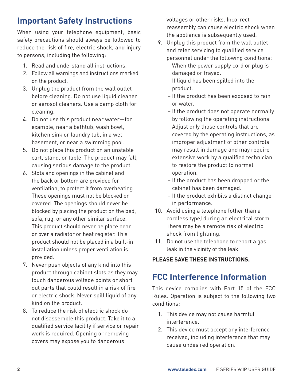 Important safety instructions, Fcc interference information | Teledex E Series User Manual | Page 2 / 32