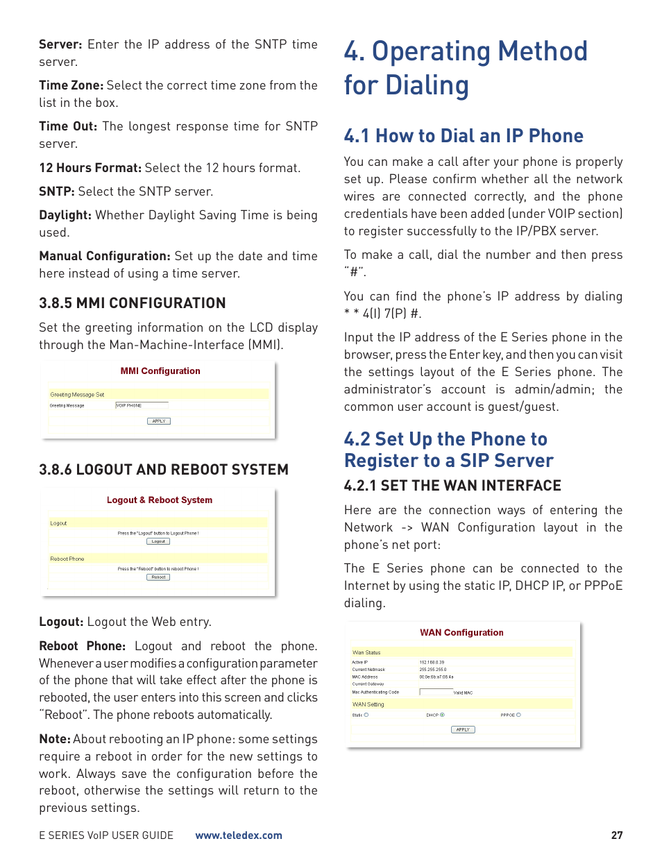 Operating method for dialing, 1 how to dial an ip phone, 2 set up the phone to register to a sip server | Teledex E Series User Manual | Page 27 / 32