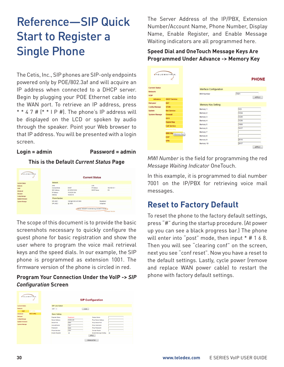 Reset to factory default | Teledex E Series User Manual | Page 30 / 32