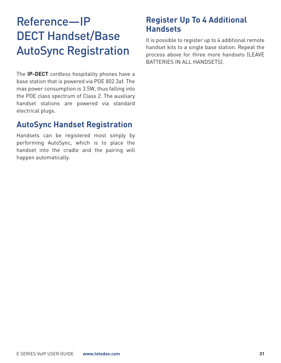 Autosync handset registration, Register up to 4 additional handsets | Teledex E Series User Manual | Page 31 / 32