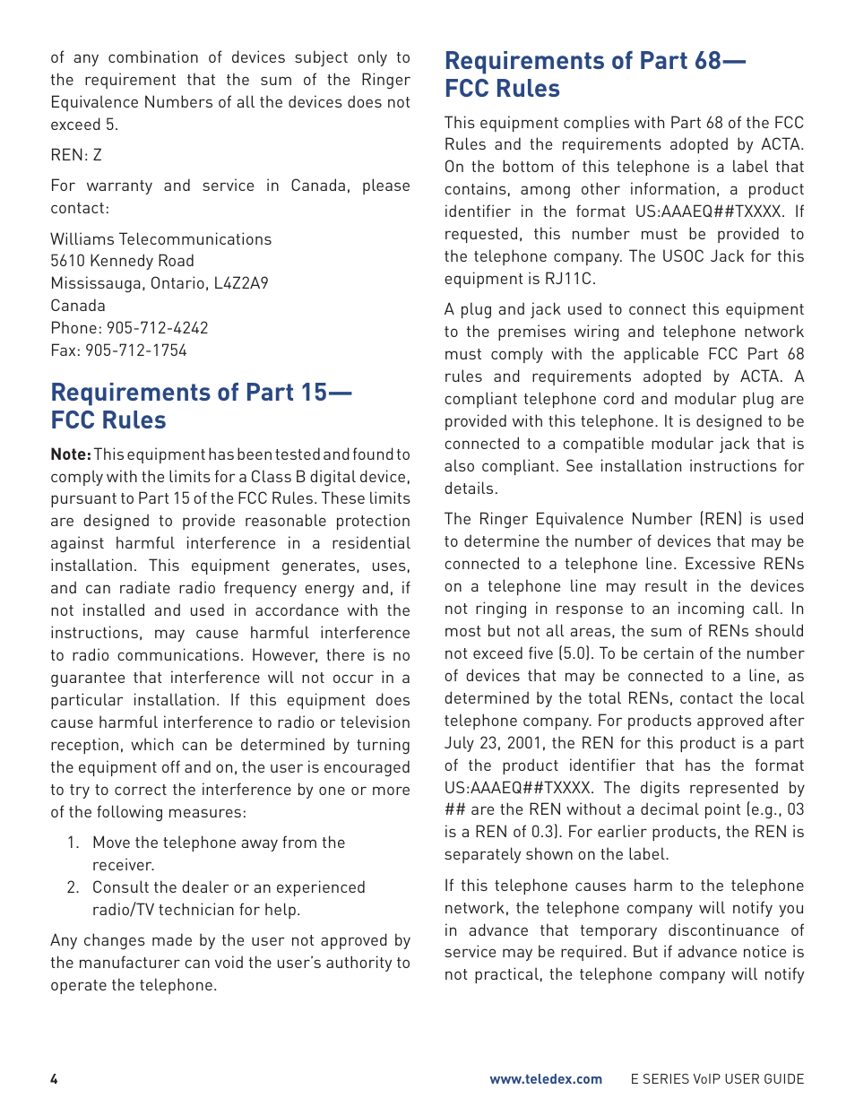 Requirements of part 15— fcc rules, Requirements of part 68— fcc rules | Teledex E Series User Manual | Page 4 / 32