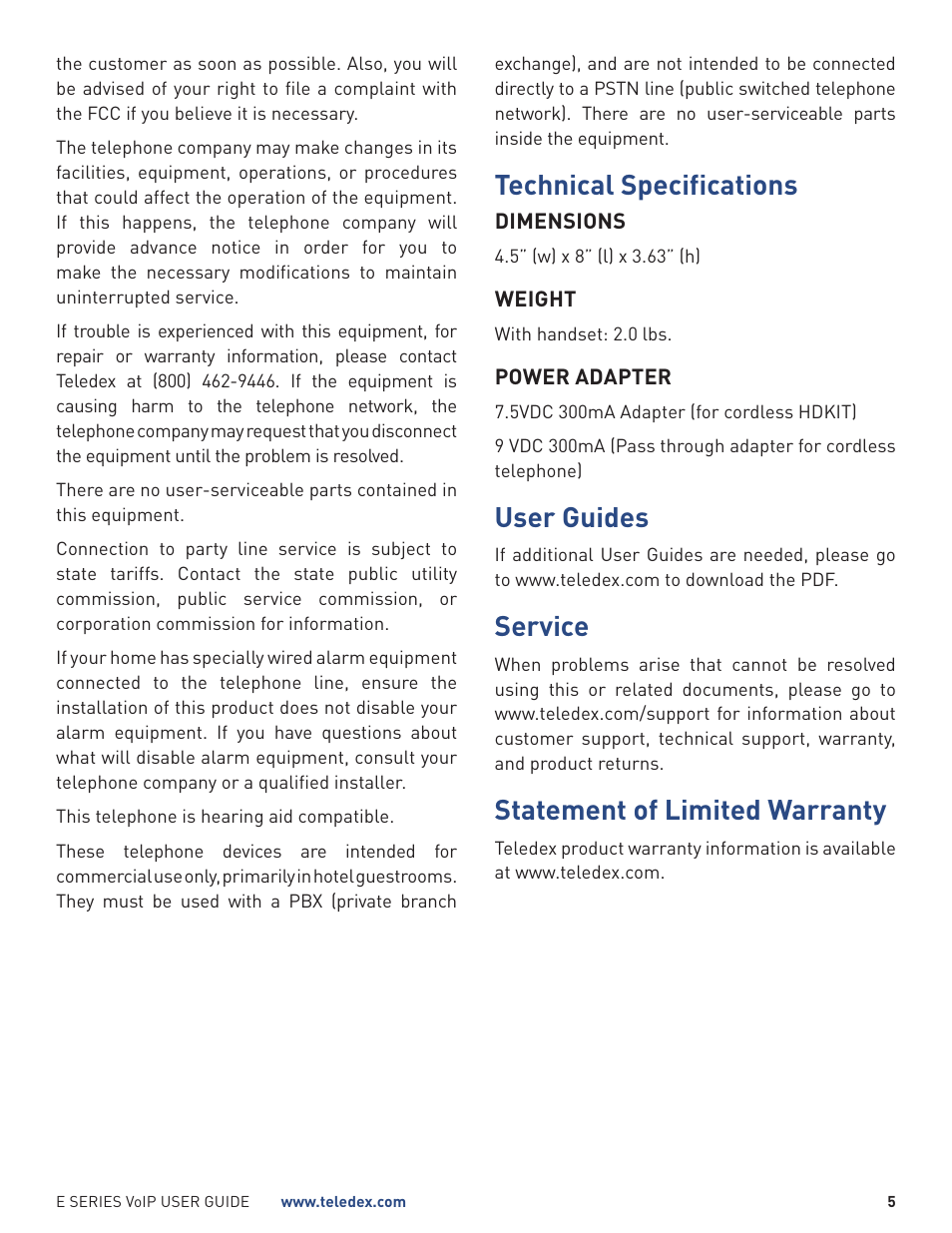 Technical specifications, User guides, Service | Statement of limited warranty | Teledex E Series User Manual | Page 5 / 32