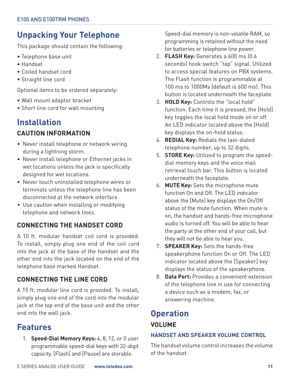 Unpacking your telephone, Installation, Features | Operation | Teledex E Series User Manual | Page 11 / 28