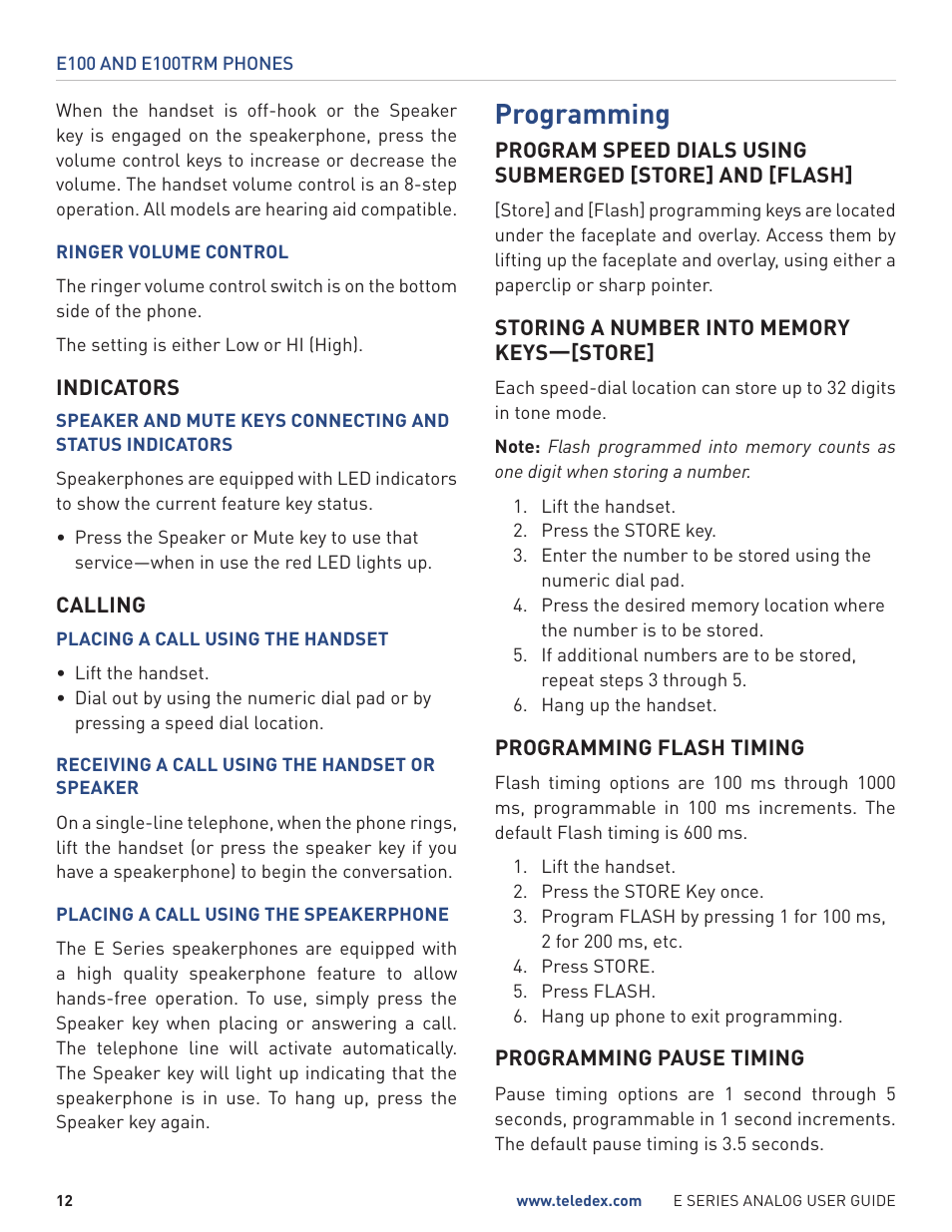 Programming | Teledex E Series User Manual | Page 12 / 28