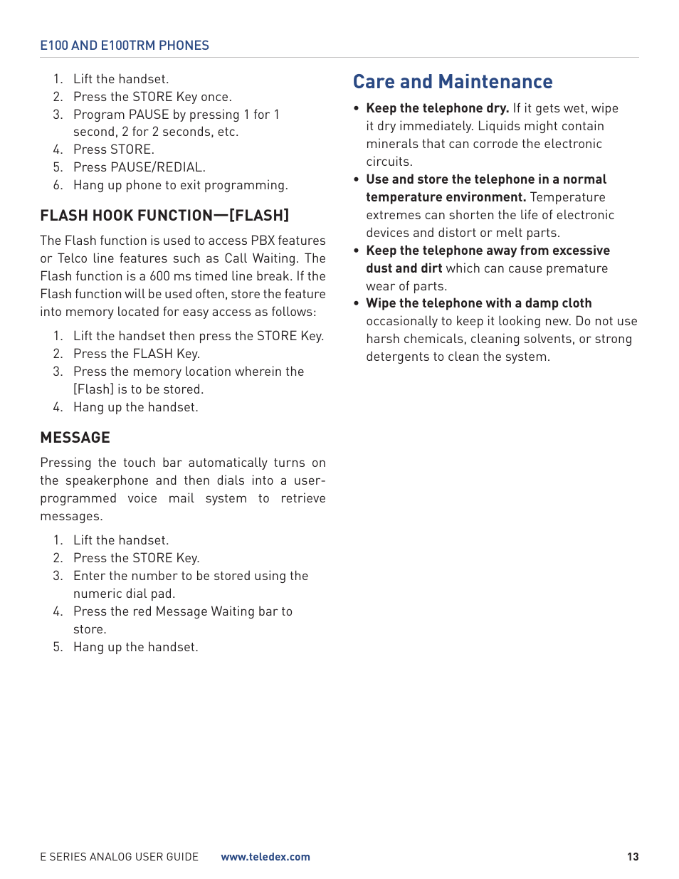 Care and maintenance | Teledex E Series User Manual | Page 13 / 28
