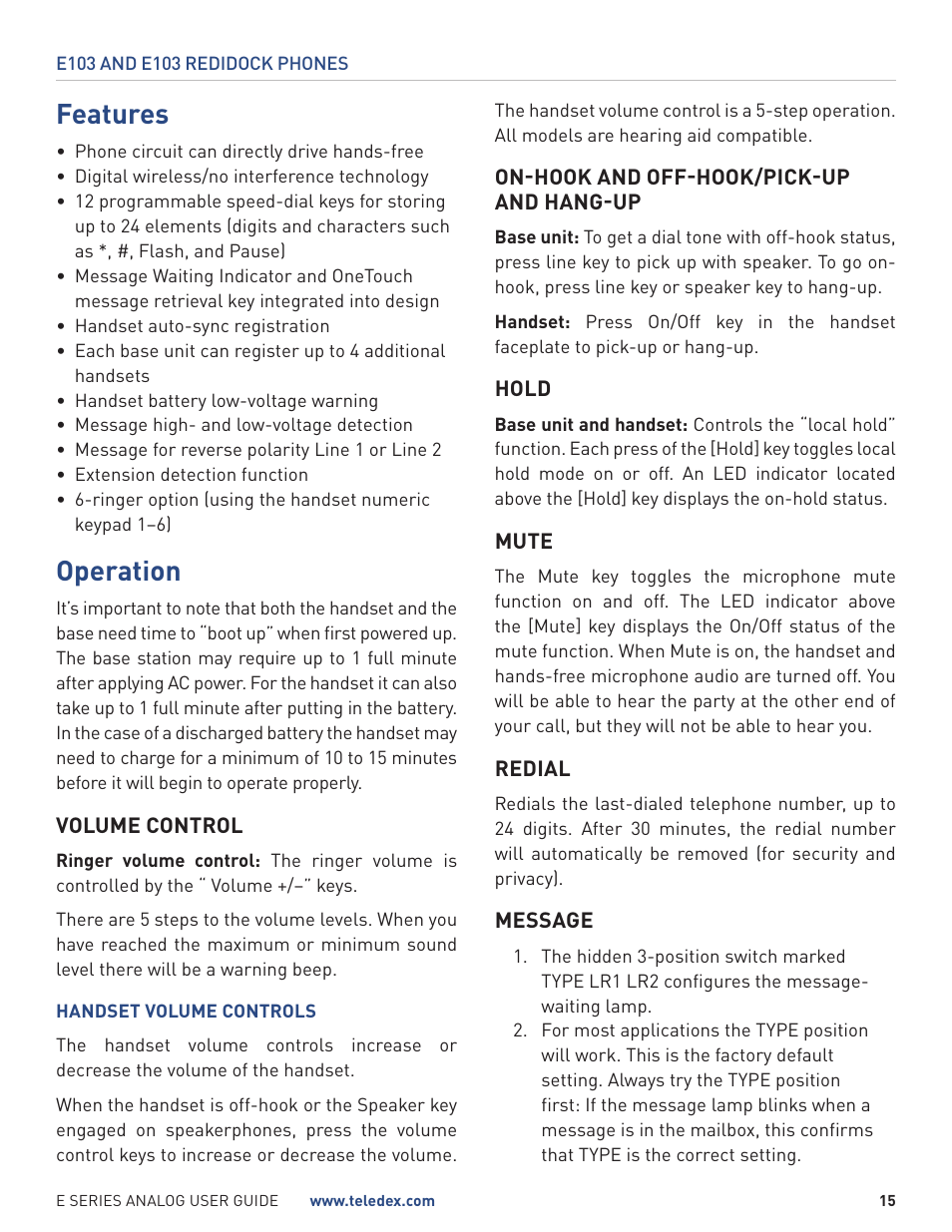 Features, Operation | Teledex E Series User Manual | Page 15 / 28