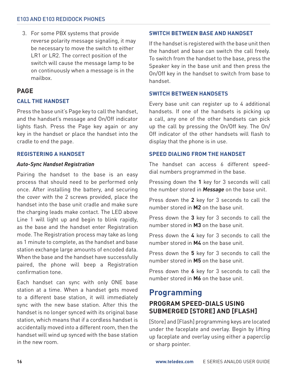 Programming | Teledex E Series User Manual | Page 16 / 28