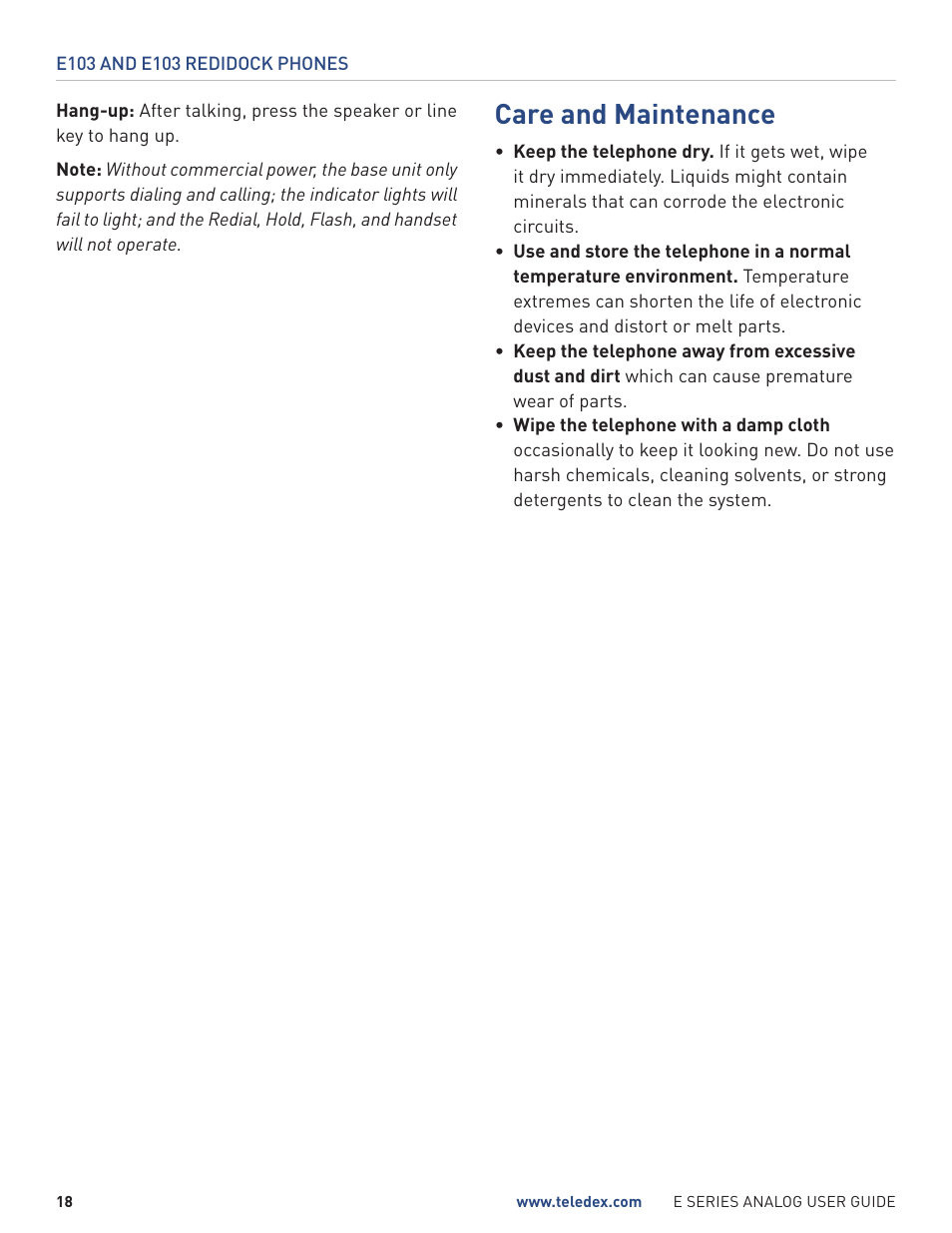Care and maintenance | Teledex E Series User Manual | Page 18 / 28