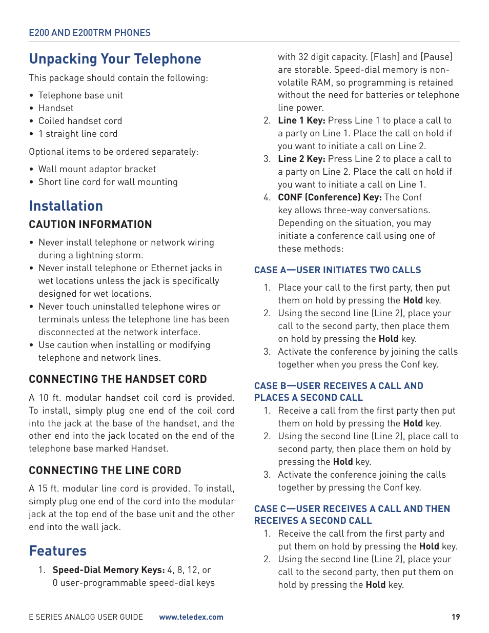 Unpacking your telephone, Installation, Features | Teledex E Series User Manual | Page 19 / 28