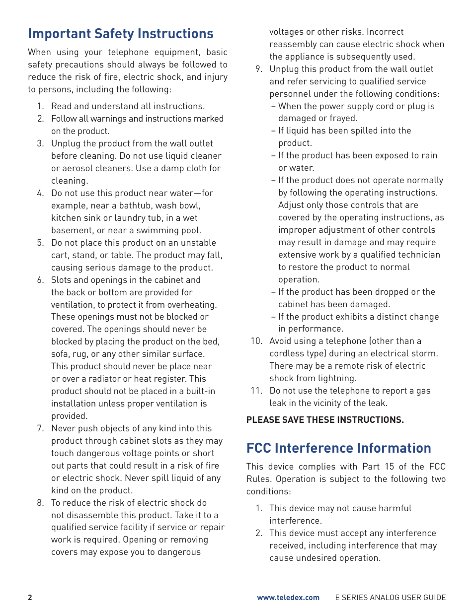 Important safety instructions, Fcc interference information | Teledex E Series User Manual | Page 2 / 28