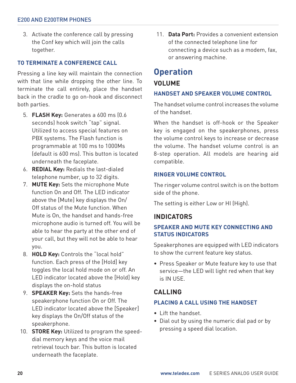 Operation | Teledex E Series User Manual | Page 20 / 28