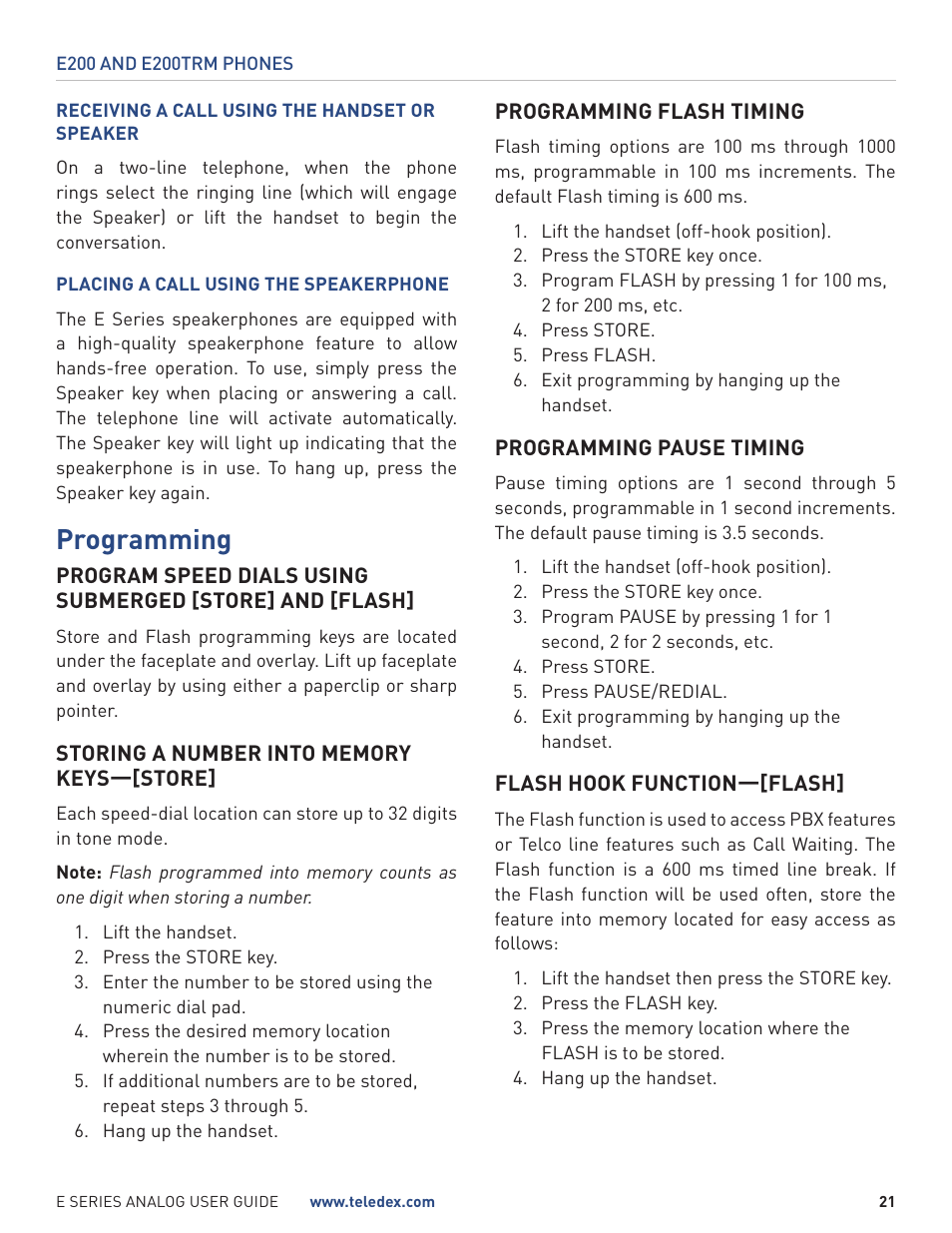 Programming | Teledex E Series User Manual | Page 21 / 28