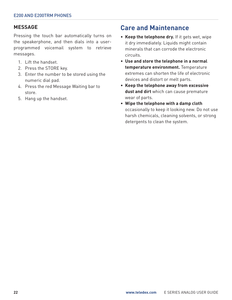 Care and maintenance | Teledex E Series User Manual | Page 22 / 28