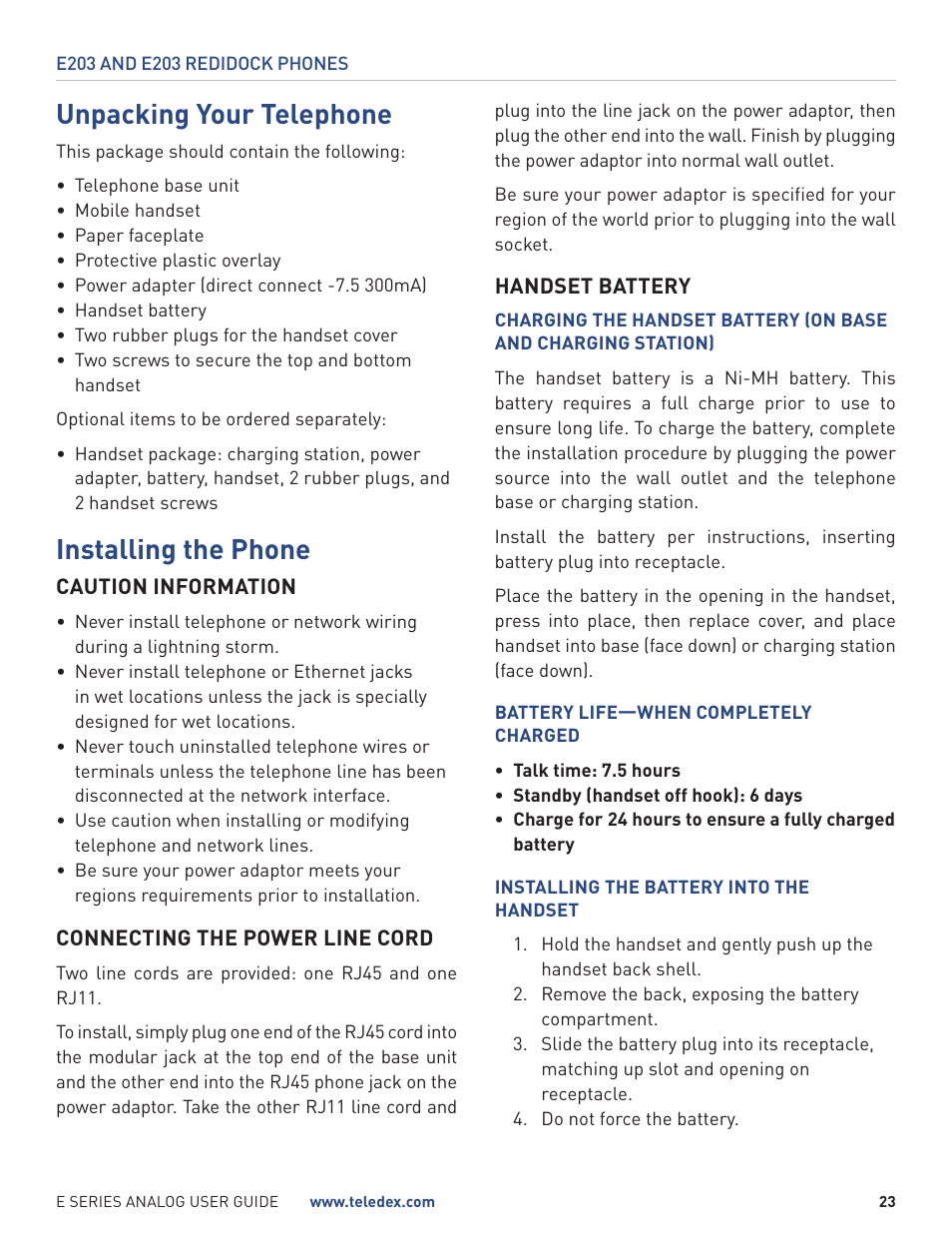 Unpacking your telephone, Installing the phone | Teledex E Series User Manual | Page 23 / 28