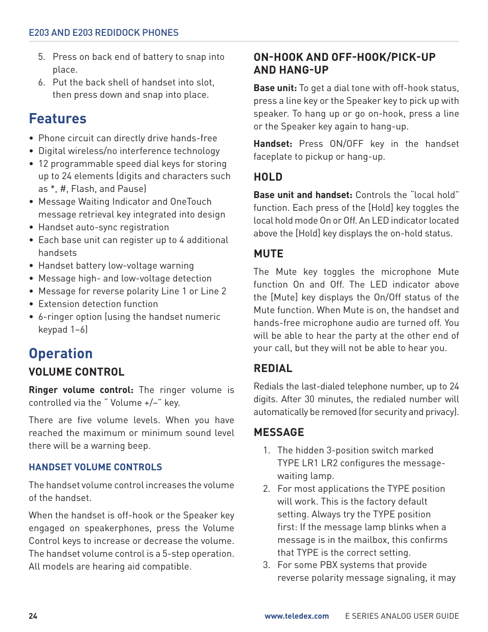 Features, Operation | Teledex E Series User Manual | Page 24 / 28
