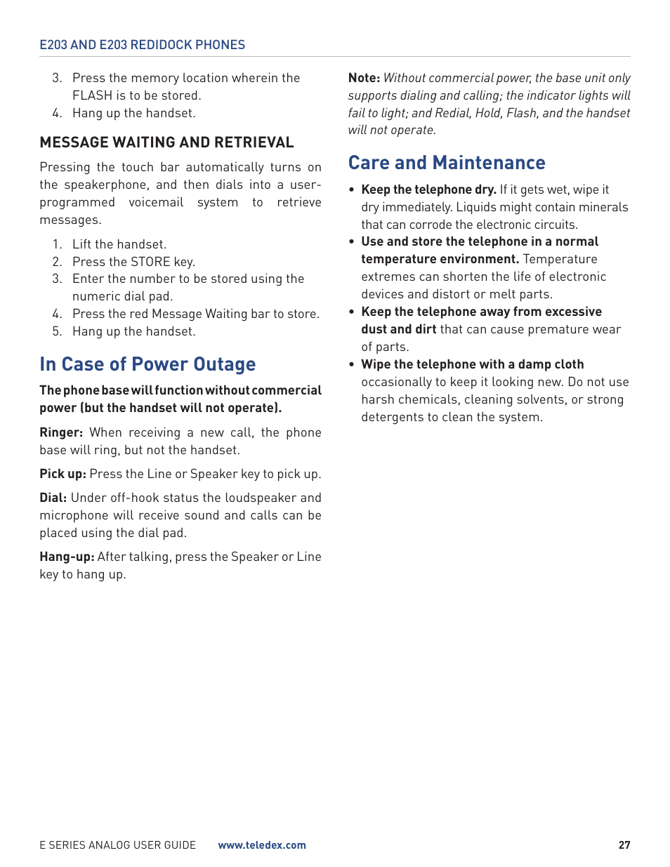 Care and maintenance | Teledex E Series User Manual | Page 27 / 28