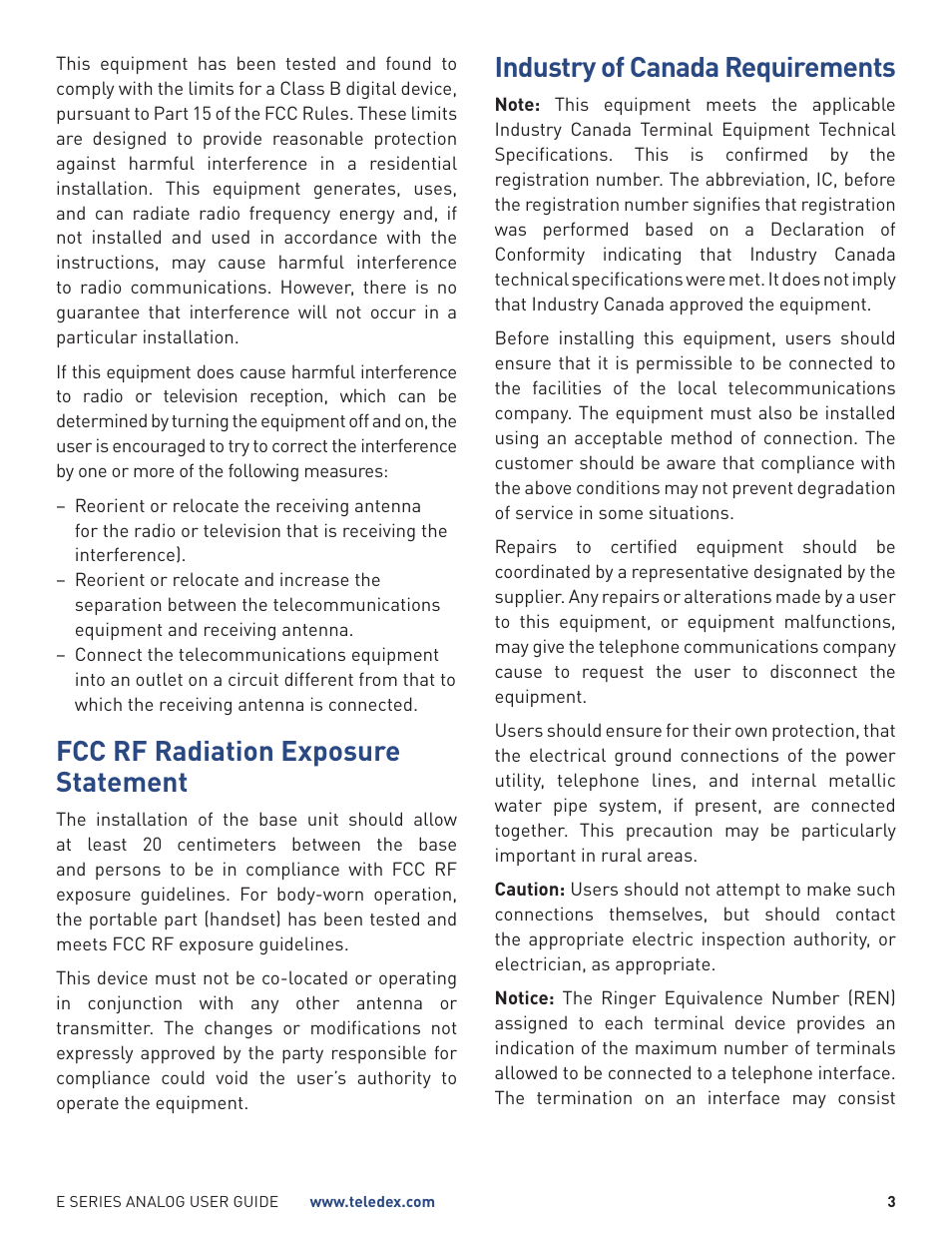 Fcc rf radiation exposure statement, Industry of canada requirements | Teledex E Series User Manual | Page 3 / 28