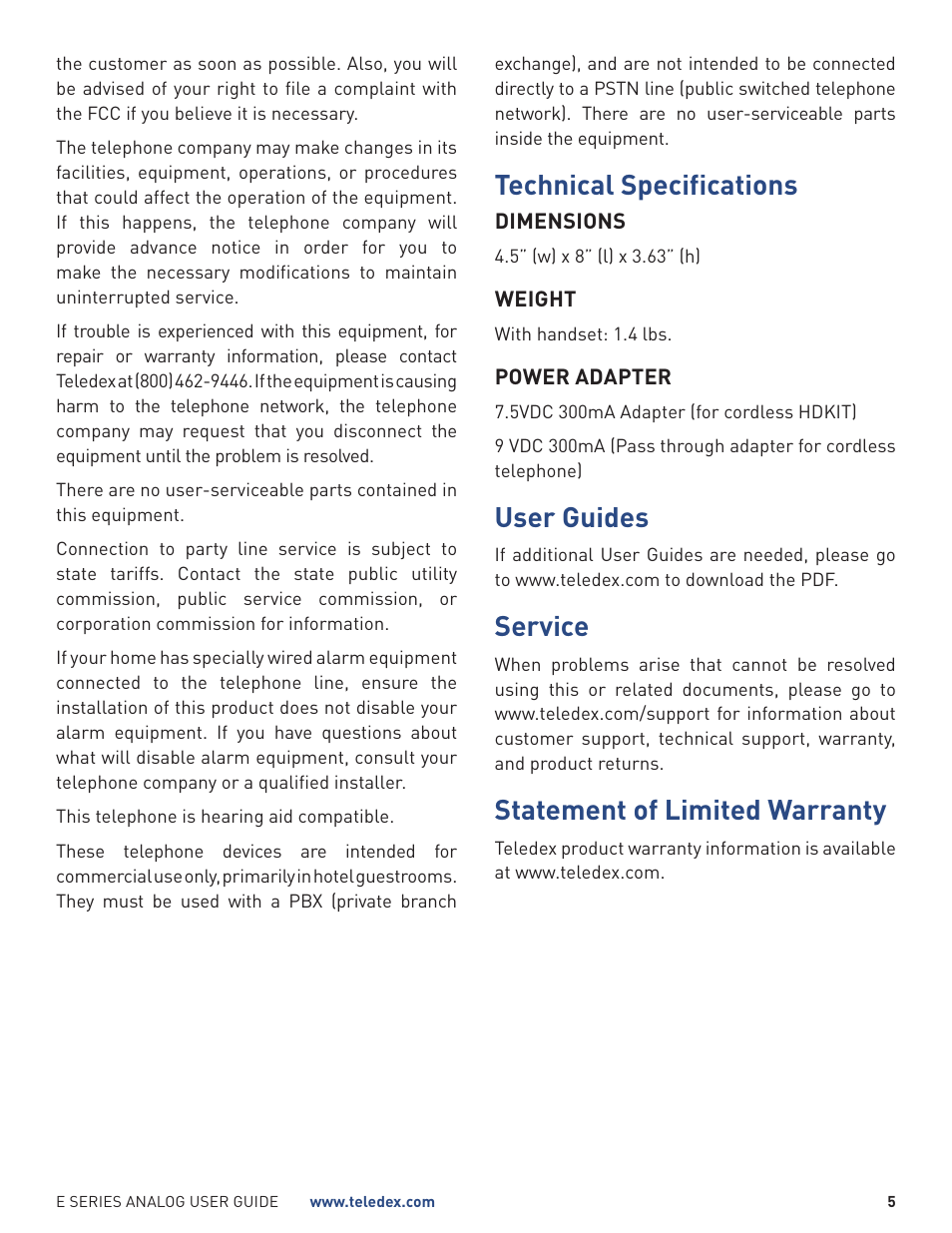 Technical specifications, User guides, Service | Statement of limited warranty | Teledex E Series User Manual | Page 5 / 28