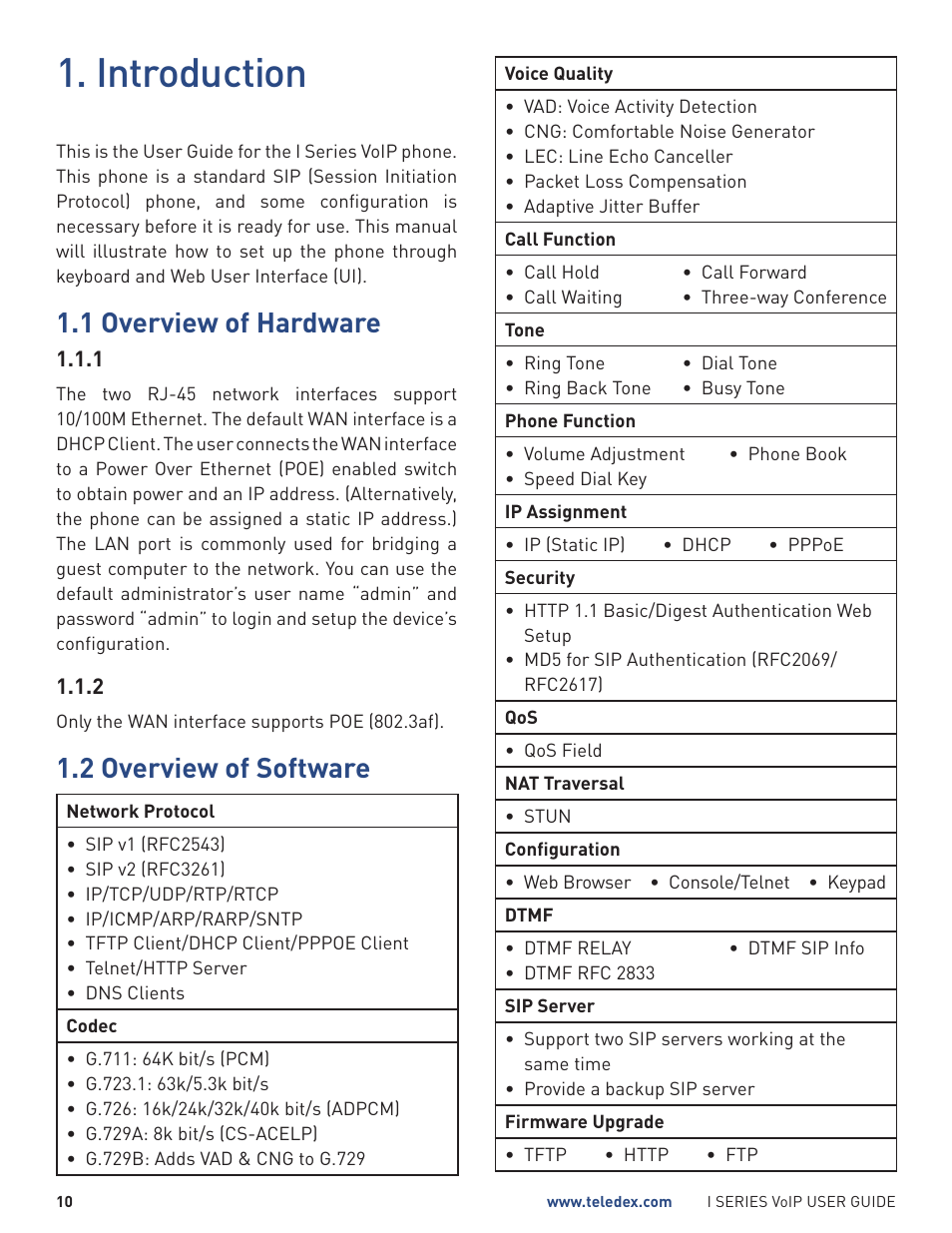 Introduction, 1 overview of hardware, 2 overview of software | Teledex I Series User Manual | Page 10 / 30