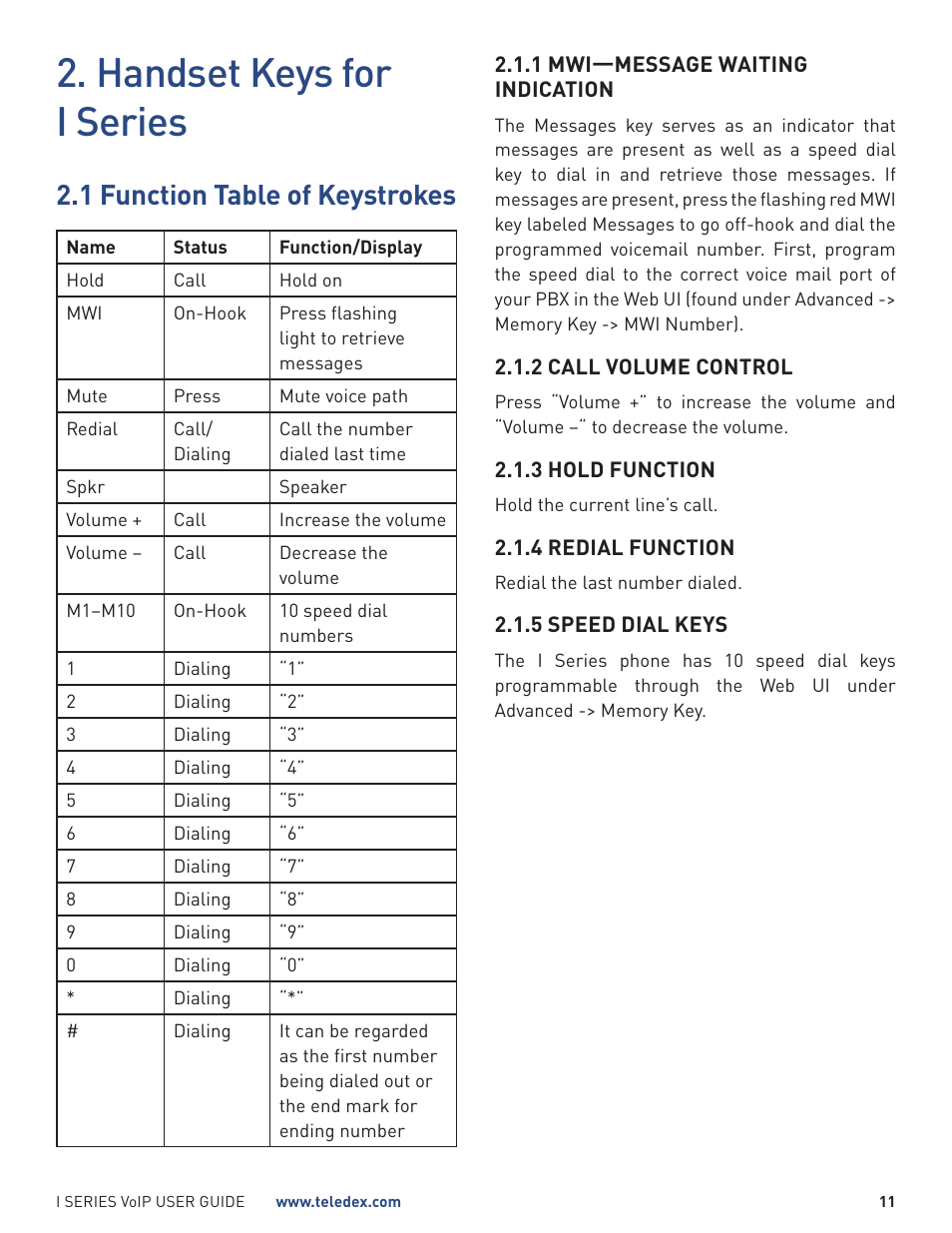 Handset keys for i series, 1 function table of keystrokes | Teledex I Series User Manual | Page 11 / 30