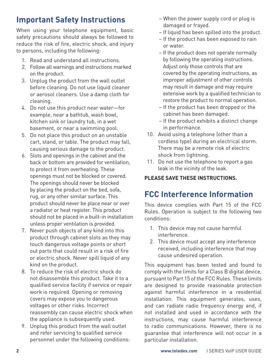 Important safety instructions, Fcc interference information | Teledex I Series User Manual | Page 2 / 30