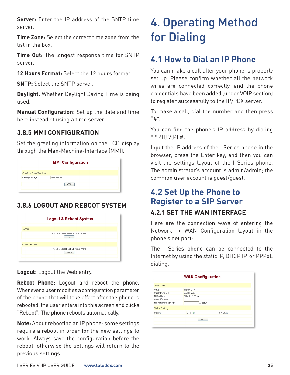 Operating method for dialing, 1 how to dial an ip phone, 2 set up the phone to register to a sip server | Teledex I Series User Manual | Page 25 / 30