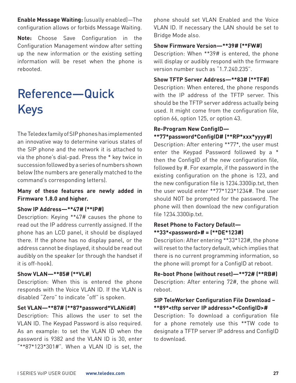Reference—quick keys | Teledex I Series User Manual | Page 27 / 30