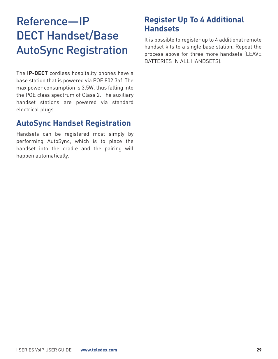 Autosync handset registration, Register up to 4 additional handsets | Teledex I Series User Manual | Page 29 / 30