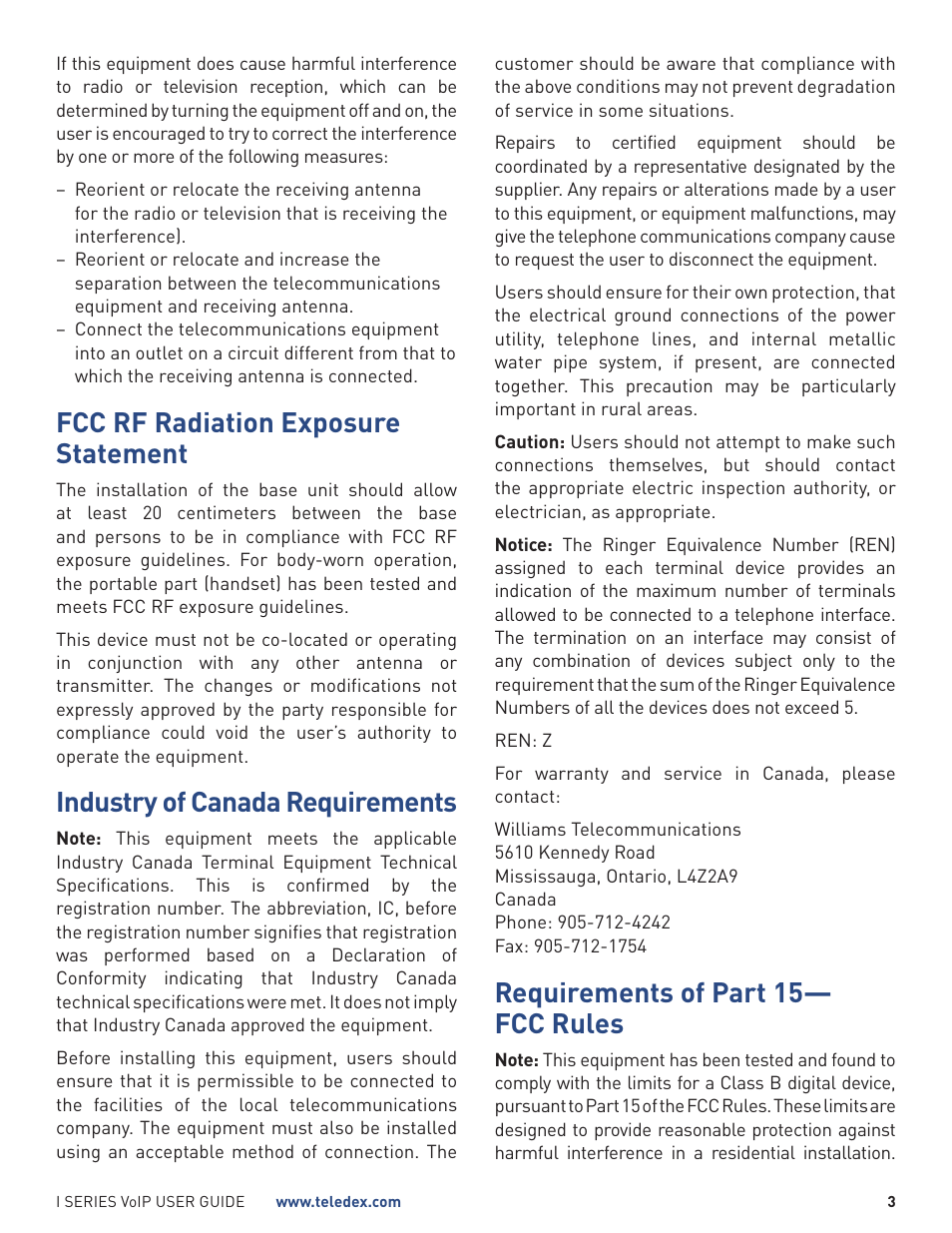 Fcc rf radiation exposure statement, Industry of canada requirements, Requirements of part 15— fcc rules | Teledex I Series User Manual | Page 3 / 30