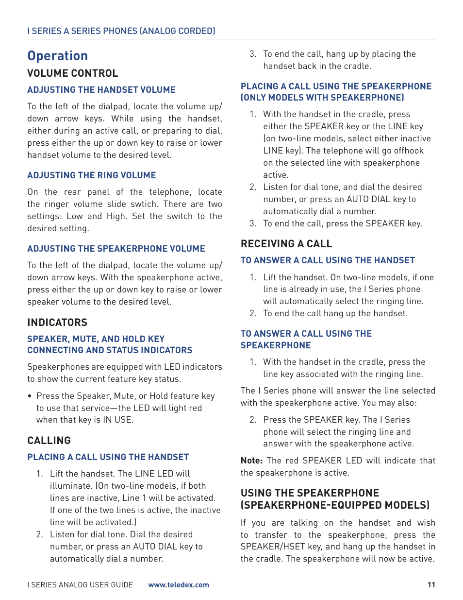 Operation | Teledex I Series User Manual | Page 11 / 22