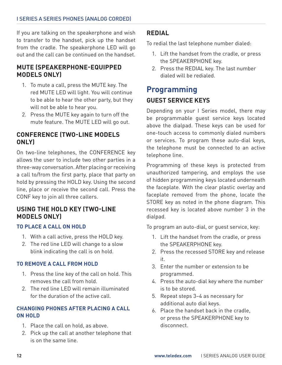 Programming | Teledex I Series User Manual | Page 12 / 22