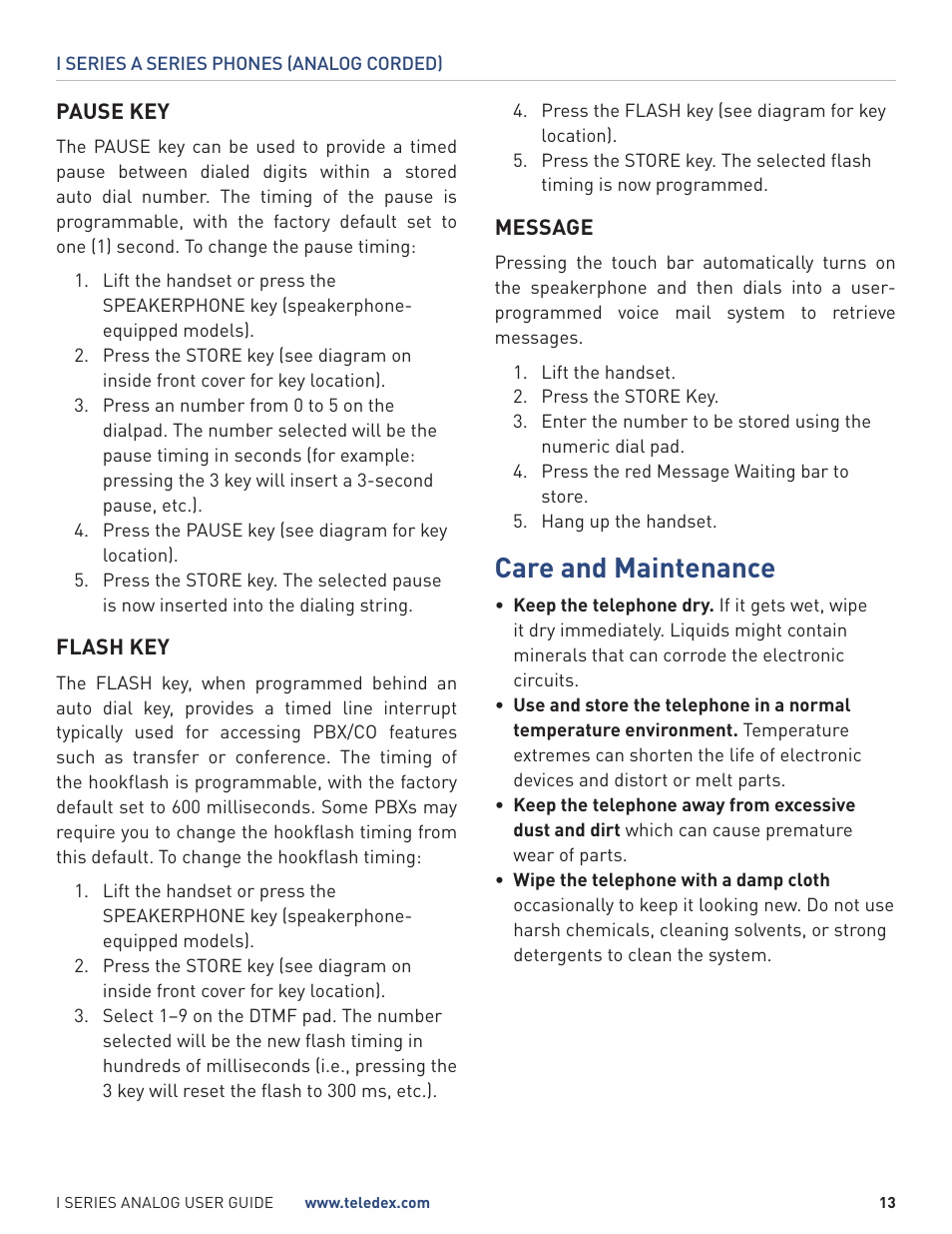 Care and maintenance | Teledex I Series User Manual | Page 13 / 22