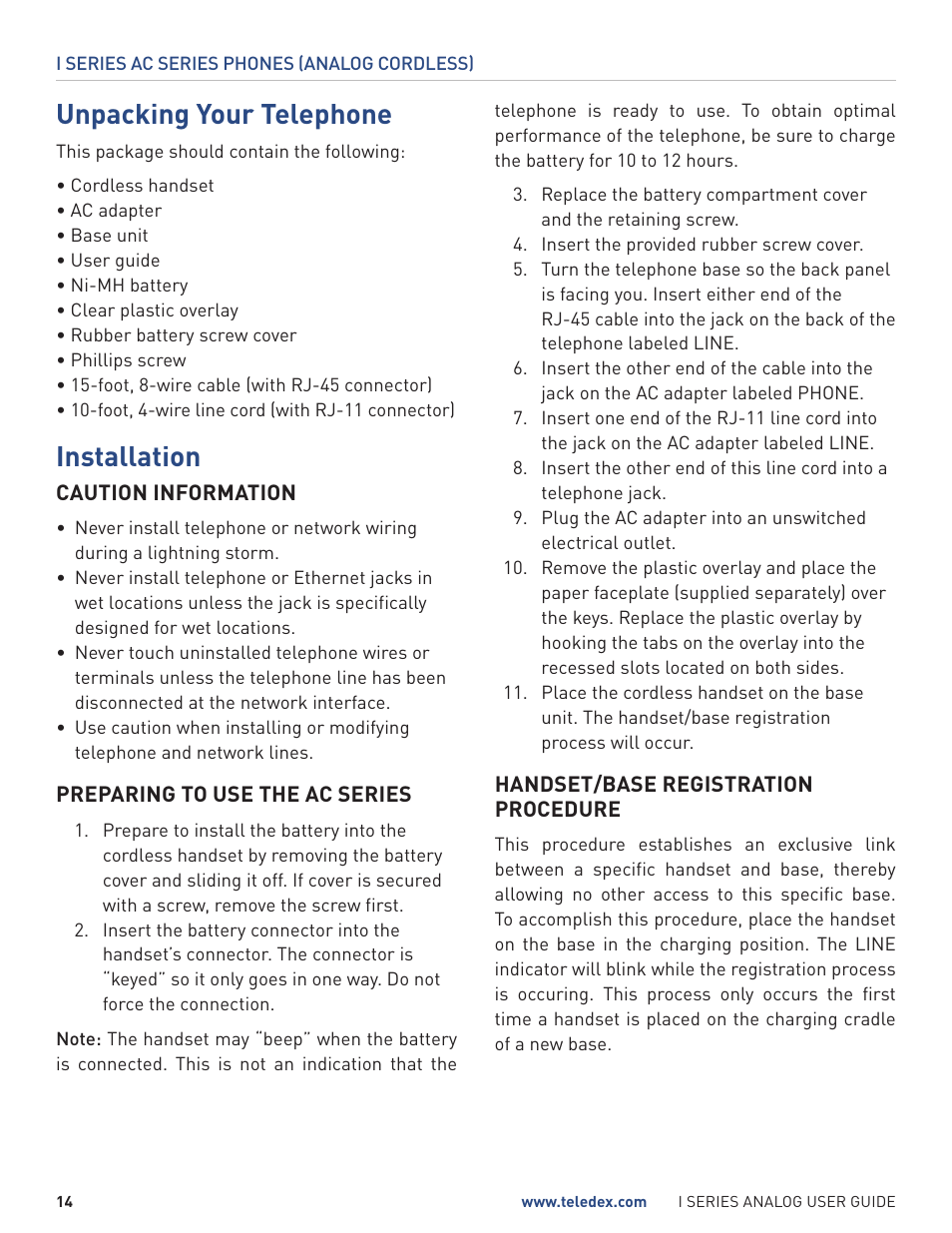 Unpacking your telephone, Installation | Teledex I Series User Manual | Page 14 / 22